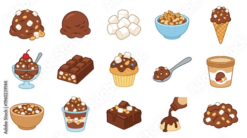 A delightful collection of chocolate-themed desserts and treats, showcasing various forms of chocolate ice cream, brownies, and confections.