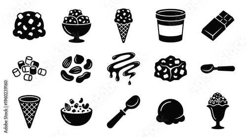 A collection of black and white icons representing various ice cream flavors, toppings, and serving dishes, including cones, bowls, scoops, and chocolate bars.