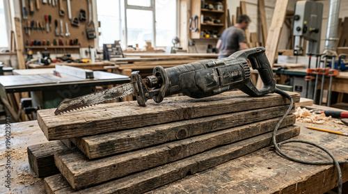 Electric reciprocating saw resting on a stack of rough wooden planks in a carpentry workshop, woodworking construction, manual labor, home improvement.