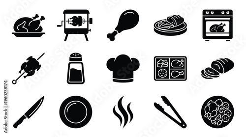 A collection of black and white icons representing various aspects of cooking and food preparation, including rotisserie chickens, ovens, chef hats, and kitchen utensils.