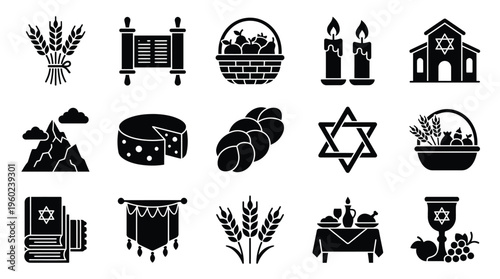 Collection of black and white icons representing Jewish holidays and traditions, including religious symbols, food, and cultural elements.