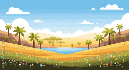 Vibrant African Savannah Landscape with Palm Trees, Lake, and Wildflowers