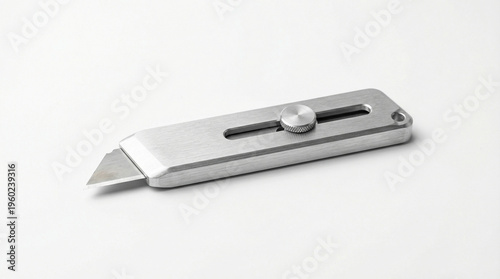 Metal utility knife or box cutter isolated on white background, sharp blade, industrial cutting tool, office supplies.