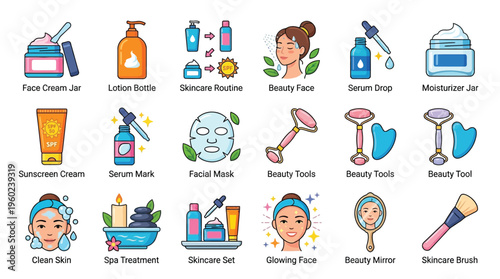 A vibrant collection of skincare and beauty product illustrations, showcasing routines, tools, and facial treatments for healthy, glowing skin.