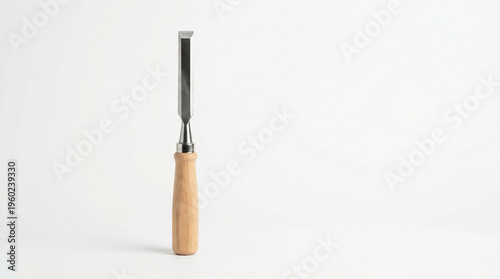 Wood chisel with wooden handle isolated on white background, carving tool, carpentry equipment, craftsmanship details.