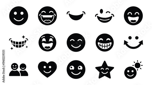 Collection of various black and white emoji icons representing different emotions and symbols, including faces, smiles, hearts, and stars.
