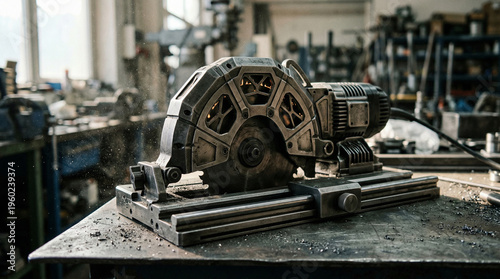 Heavy duty metal cutting station with industrial circular saw on a steel workbench in a workshop, metalwork manufacturing, professional machinery.
