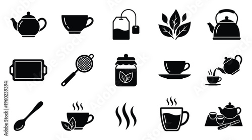 A collection of black and white icons representing various elements associated with tea, including teapots, cups, tea bags, and brewing accessories.