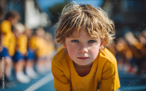 Diverse group of kids waiting for the signal to start a race at a sunny school sports day.