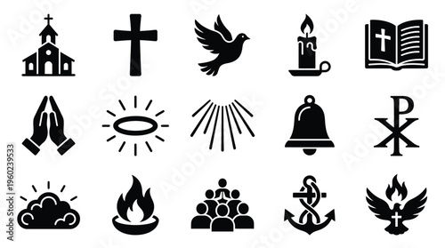 Collection of Christian religious symbols and icons representing faith, worship, and spirituality.