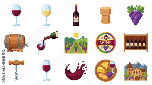 A collection of 15 colorful flat icons representing various aspects of wine production, consumption, and enjoyment, including glasses, bottles, vineyards, and cheese pairings.