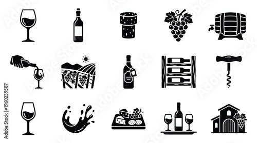 Collection of black and white icons representing various aspects of wine production and consumption, including grapes, bottles, glasses, and barrels.