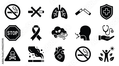 Collection of icons representing health risks associated with smoking, including lungs, heart, and cancer symbols, alongside stop signs and protective shields.