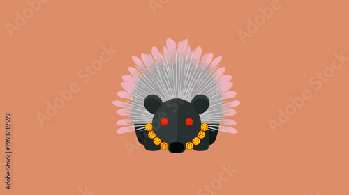 A stylized illustration of a black rodent adorned with a feathery collar and decorative necklace