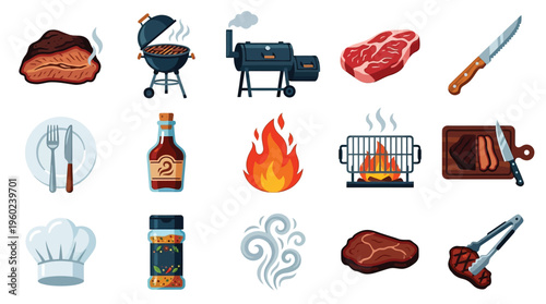 A collection of illustrations related to barbecue, including various cuts of meat, grilling equipment, sauces, and cooking elements.