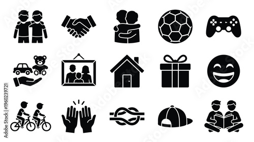 Collection of icons representing friendship, family, hobbies, and positive emotions.