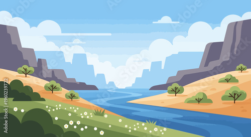 Vibrant Canyon Landscape with Winding River and Greenery