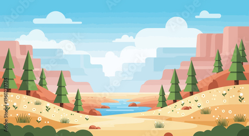 Vibrant Desert Canyon Landscape with River and Pine Trees