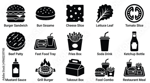 Collection of black and white icons representing various fast food items and their components, including burgers, fries, drinks, and condiments.