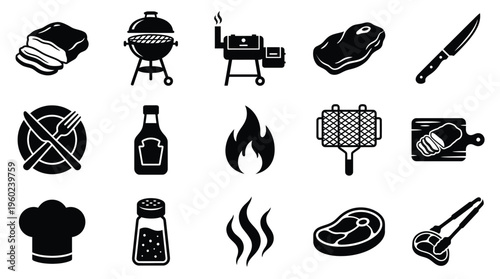 A collection of black and white icons representing various elements of barbecue and grilling, including meats, cooking equipment, and condiments.