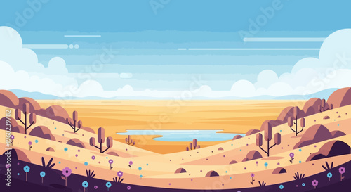 Vibrant Desert Landscape with Cacti, Wildflowers, and Oasis Under a Cloudy Sky