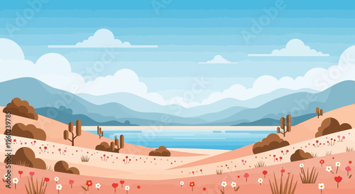 Vibrant Desert Landscape with Cacti, Wildflowers, and Distant Mountains by a Lake