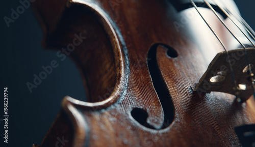 A violin's f-hole showcasing the elegant shape and smooth wood grain texture