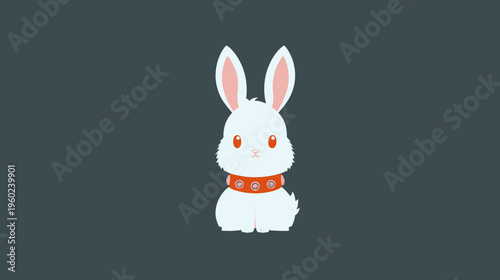 A white cartoon rabbit with pink ears and orange eyes, wearing a collared neck