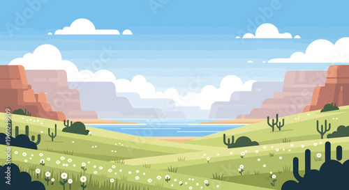 Vibrant Desert Oasis Landscape with Cacti, Wildflowers, and Distant Mountains