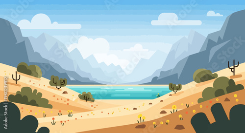 Vibrant Desert Oasis Landscape with Mountains and Lake