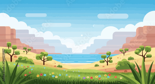 Vibrant Desert Oasis Landscape with Canyon, River, and Wildflowers