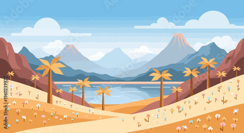 Vibrant Desert Oasis Landscape with Palm Trees, Mountains, and Lake