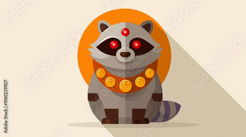 A cartoon raccoon-like creature with glowing red eyes, gem, and a coin necklace
