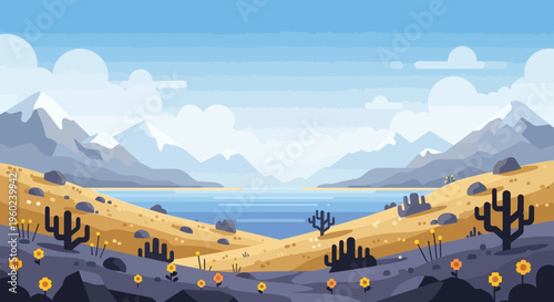 Vibrant Desert Oasis Landscape with Snow-Capped Mountains and Blooming Flowers