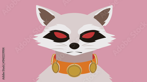 Animated raccoon with red eyes, collar, minimalist style, set against a pink background