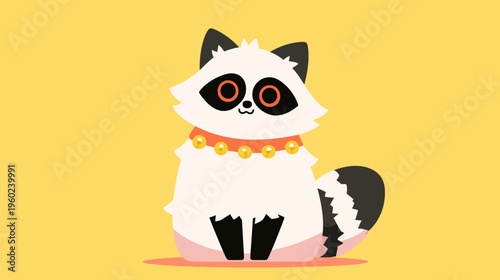 A cute cartoon animal featuring white fur, a collar, and black markings against a yellow background