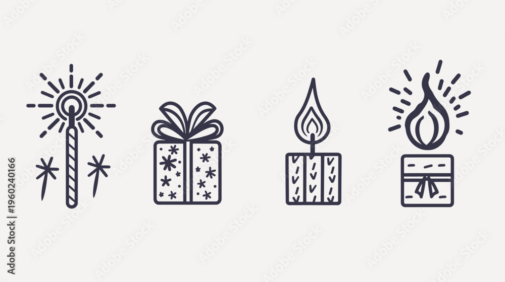Fototapeta premium Four holiday illustrations sparkler, wrapped gift, candle, and gift with a flame icon