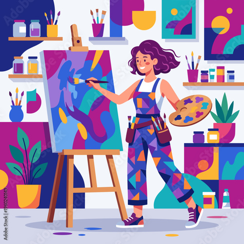 A talented female artist stands confidently in her colorful art studio, painting an abstract piece on an easel while holding a palette, surrounded by creative tools and finished artworks.