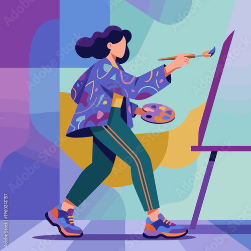 A focused female artist walks dynamically while painting on an easel, holding her palette, conveying energetic movement and the immersive, active process of creating art.