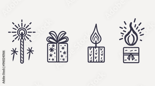 Four holiday illustrations sparkler, wrapped gift, candle, and gift with a flame icon