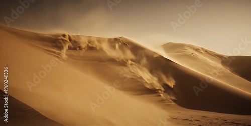 Sand dunes blowing in wind with golden desert dust sunset