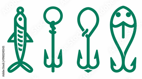 A collection of four green stylized illustrations of different fishing lures and hooks