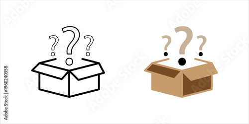 Minimal outline icon set.. of an open box with question marks representing mystery product, surprise box, unknown content, and curiosity concept.