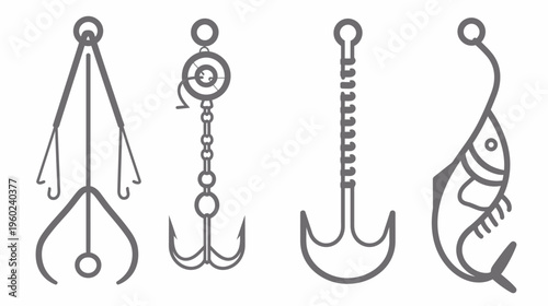 Four stylized fishing lures and fishhook icons on a white background, in a minimal, gray linear style
