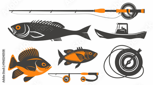 Simplified fishing illustration including various fish, equipment, and a boat. Orange highlights on rods and fish