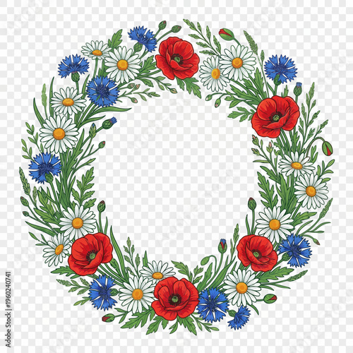 A vibrant and beautiful floral wreath made of poppies and cornflowers with green leaves on a transparent background