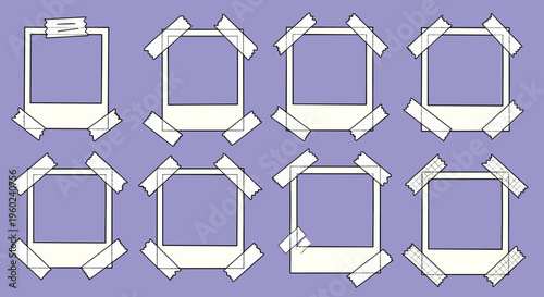 Purple scrapbook frames with tape arranged in geometric pattern layout