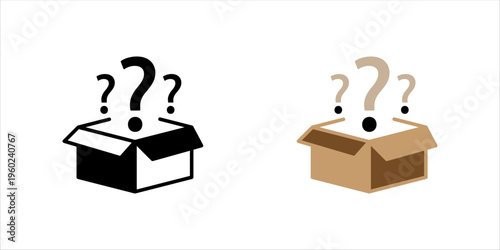 Minimal outline icon set.. of an open box with question marks representing mystery product, surprise box, unknown content, and curiosity concept.