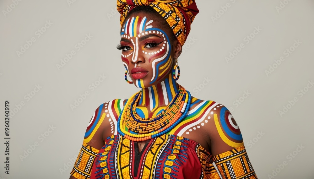 Obraz premium African Queen Adorned: A striking woman is radiant in an elaborately painted face and traditional attire, showcasing intricate patterns and cultural heritage.