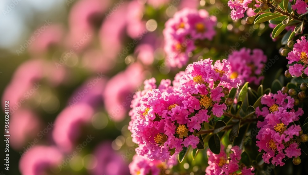 Obraz premium Blooming Beauty: Vivid pink blossoms of a crape myrtle tree, their delicate petals and intricate textures, create a stunning display in a sun-drenched garden, capturing the essence of springtime.